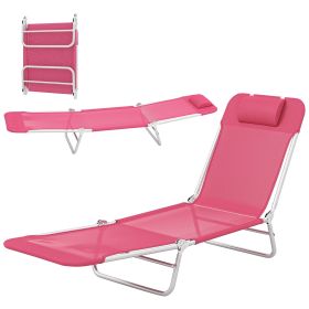 Folding Chaise Lounge Chair, Portable Tanning Chair with Adjustable Backrest, Pillow for Beach Poolside Patio, Pink
