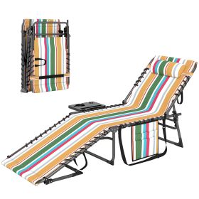 Folding Outdoor Chaise Lounge Chair Tanning Chair with 5-Level Adjustable Back, Side Table, Pillow, Pocket, Mixed Color