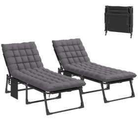 Folding Chaise Lounge Chair Outdoor Tanning Chair Set of 2 with 5-Position Backrest, Cushions, Side Pocket, Dark Gray