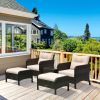 5 Pieces Rattan Wicker Lounge Chair Outdoor Patio Conversation Set with 2 Cushioned Chairs, 2 Ottomans and Tempered Glass Top Coffee Table