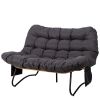 133×94×87cm 2-Seater Curved Wicker Loveseat with Magazine Pockets & Grey Cushion