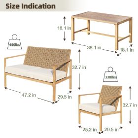 4 Pieces Metal Patio Furniture Set, Hand-Made Drawstring Outdoor Patio Conversation Sets Outside loveseat with Soft Cushion for Garden, Backyard (Main Color: Wood, Main Material: Iron)