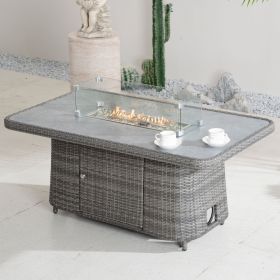 Direct Wicker Rectangular Propane Lift-Top Patio Fire Pit Table with Wind  Glass Wind Guard & Cover,Grey (Color: grey)